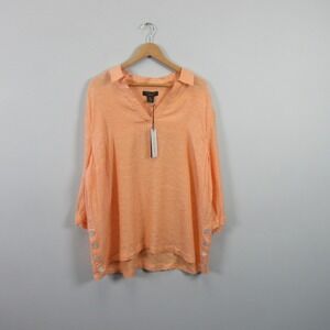 TAHARI Women's 2X 100% Linen Orange V Neck Button Accent Tunic Top Blouse Beach